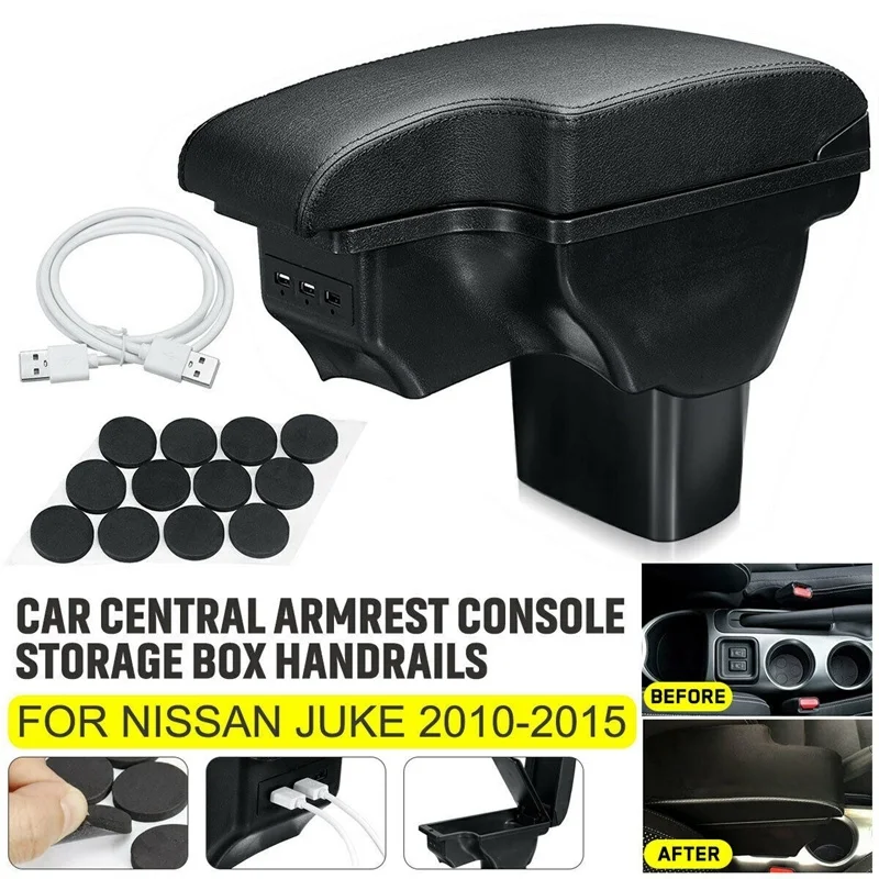 

For Nissan Juke Infiniti ESQ 2011-2019 Central Armrest Storage Box Handrails Double Layer Storage with 3 USB Port Black