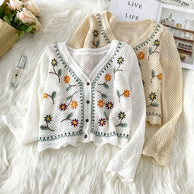 2022 Spring Bohemian Boho Clothing Embroidery Hollow Out Crochet Knitted  Cardigan Women Long Sleeve Sweater Coat Beach Crop Top - Cardigan -  AliExpress