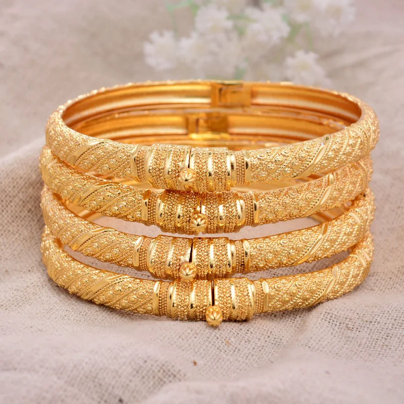 Can open 4pcs/lot Dubai Gold Color Bangles For Women Men Gold Bracelets African European Ethiopia Girls Bride Bangles Gift