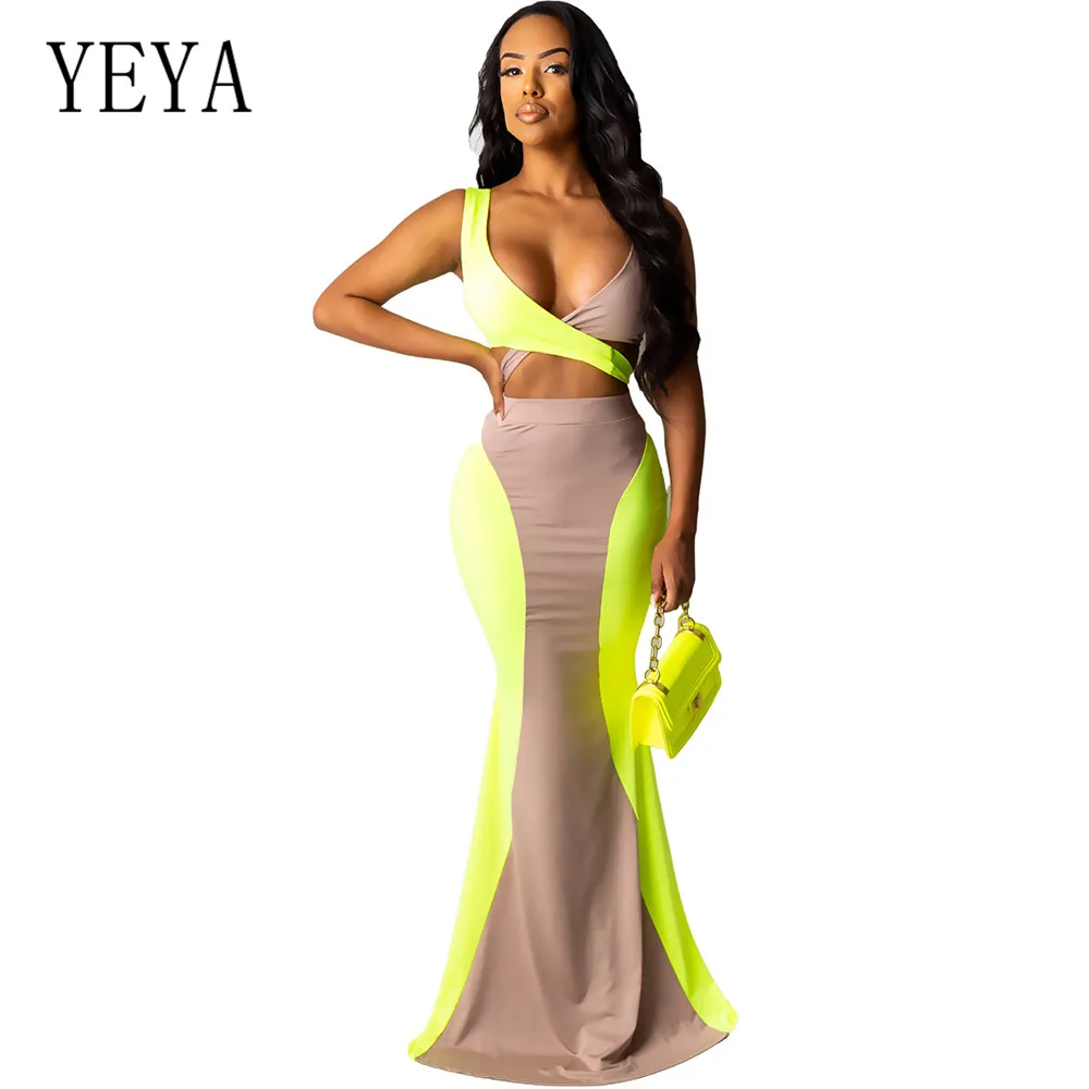 

YEYA Hollow Out Contrast Color Two Pieces Floor-length Dress Sexy Sleeveless V-neck Long Maxi Bodycon Dress Summer Club Wear