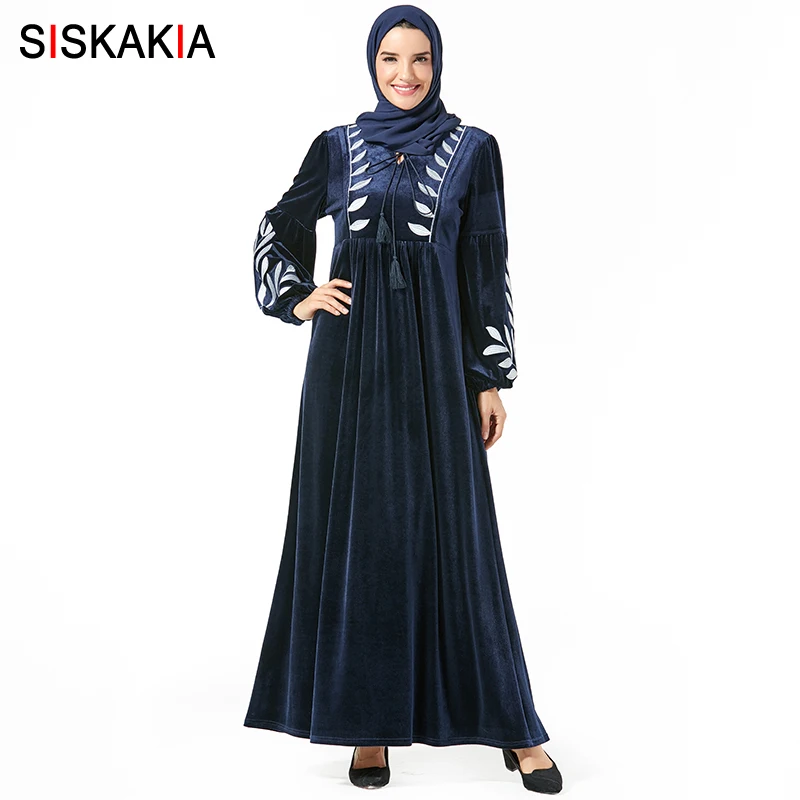 blue dress Siskakia, зимние платья, красные, новинка, вельветовые, с вышивкой в виде листьев, размера плюс, макси платья, фонарь, с длинным рукавом, имперские качели, Арабская одежда - Цвет: blue dress