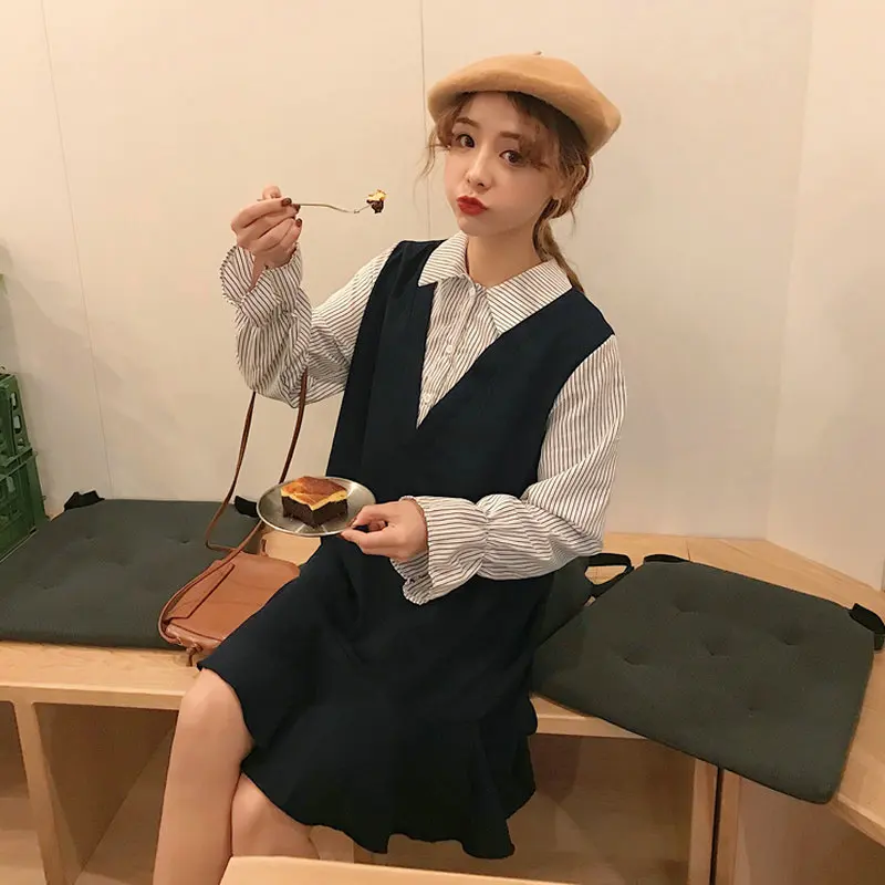 

Fake 2PCS Shirtdress Woman Vertical Stripe Turn Down Collar Patchwork Robe Femme Long Sleeve Loose Fit Oversize Shirt Dresses