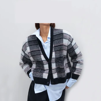

Women Sweaters V Neck Fashion Plaid Printed Single Breasted Sweater Women Elegant High Waisted Sweaters Female Ladies