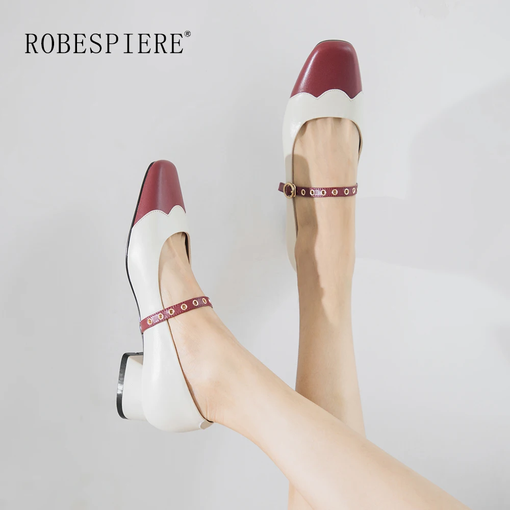 

ROBESPIERE Mary Janes Shoes Top Quality Genuine Leather Square Toe Dance Pumps Woman Mixed Colors Design Shallow Party Shoes A24