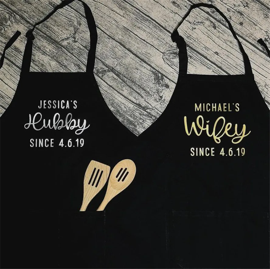 Set of 2 Apron, Chef Apron, Personalized Couple Wifey and Hubby Apron Set, Wedding Couple Gift