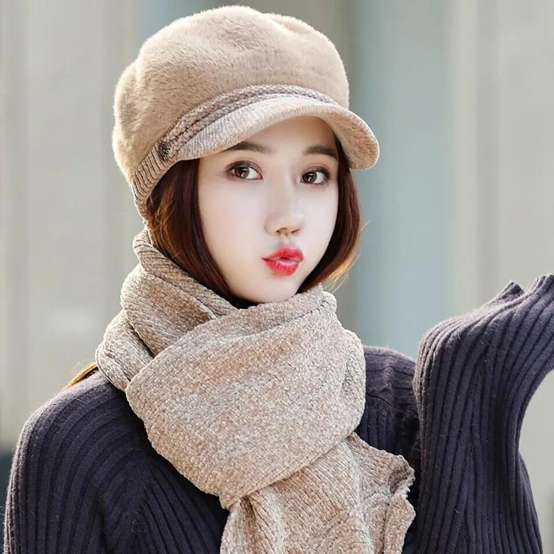 HANGYUNXUANHAO Women French Beret Hat Scarf Set Winter Warm Lady Hat Chenille Elegant Beanie Cap