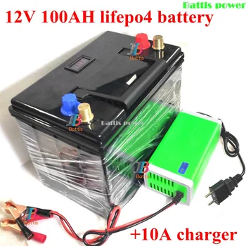 

lithium 12V 100AH lifepo4 battery with 100A BMS 4S 12.8V for 1200W backup power inverter RV boat MPPT Solar AGV +10A Charger