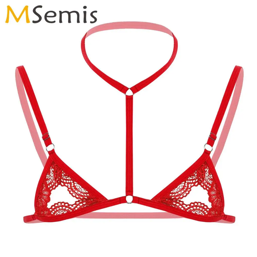 Mens Sheer Lace Lingerie Halter Adjustable Spaghetti Straps Bra Sissy Erotic Open Nipples Bralette Gay Wire-free Unlined Bra Top