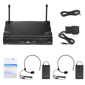 

UHF Dual Channels Wireless Microphone Mic System with 2 Bodypack Transmitter Microphones Receiver 6.35mm Audio Cable
