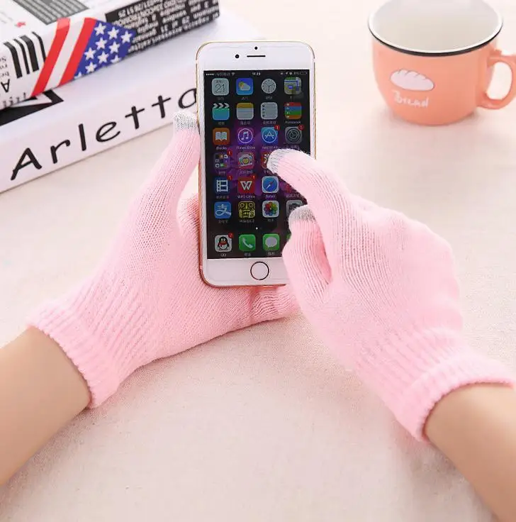 Женские кашемировые шерстяные вязаные перчатки, зимние теплые толстые перчатки для сенсорного экрана, однотонные варежки для мобильного телефона, планшета - Цвет: pink