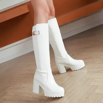 

ZawsThia 2020 soft PU leather solid white black platform chunky high heels womens boots classic winter warm snow boots knee high