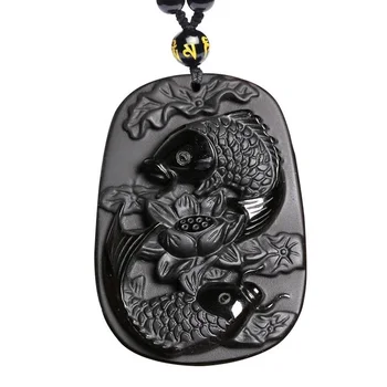

Fine carving Obsidian two fish and lotus black Obsidian pendant men's jewelry