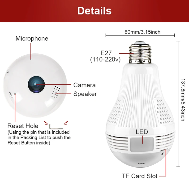  A-ZONE 3.0MP IP 360 Degree Panoramic Light Lamp Camera Home Security Two Ways Audio CCTV Wireless W - 4.00011E+12