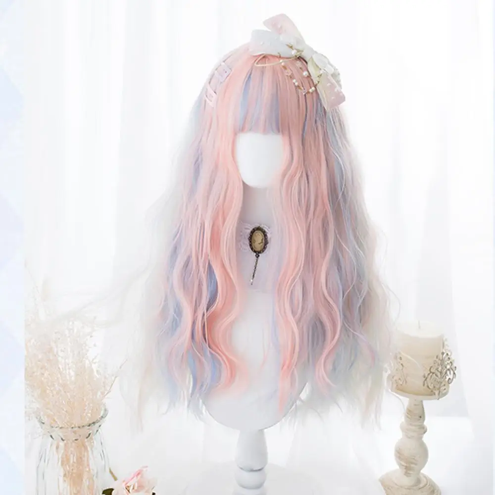 66CM Pink Лолита Ombre длинные кудрявые челки пушистые Хэллоуин вечерние синтетические леди милый косплей парик+ шапка - Цвет: 66CM Pink