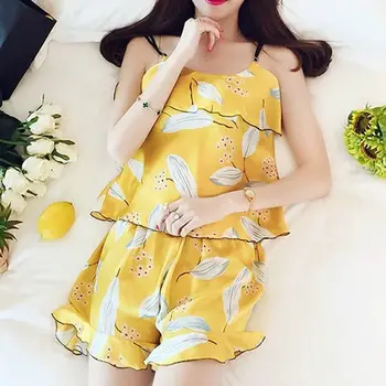 

2020 New Summer Women Sleepwear Set Satin Pajamas Cute Cat Flower V-Neck Camis Crop Top Bow Short Home Suit Pajama Sets