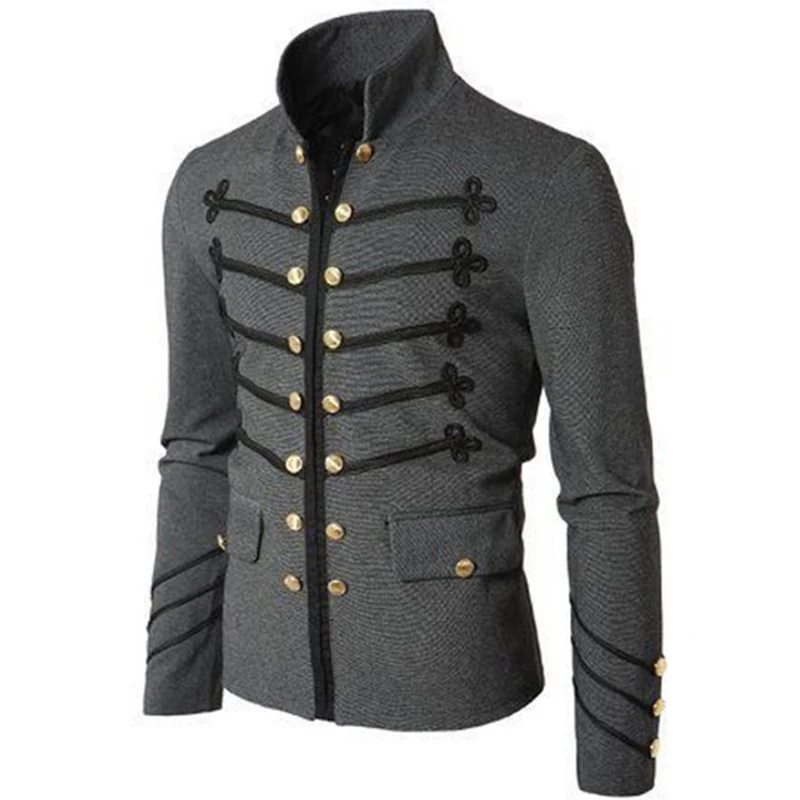 Steampunk Men Vintage Coat Long Sleeve Military Uniform Coat Gothic Male Autumn Stand Collar Jacket Outerwear - Цвет: gray