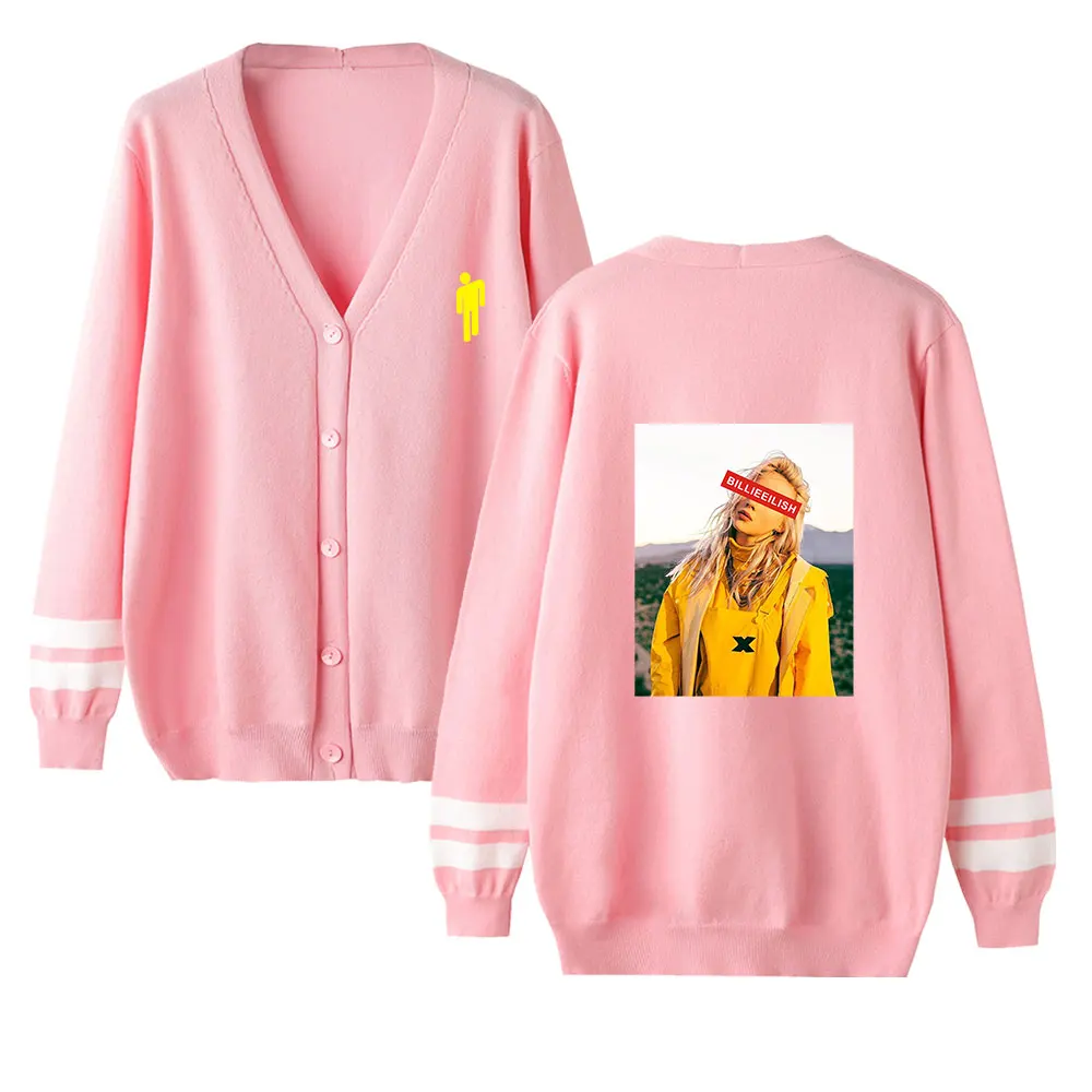 Kpop Billie Eilish женский свитер с v-образным вырезом, Одноцветный Свободный вязаный однобортный Кардиган, Повседневная вязаная одежда размера плюс, верхняя одежда