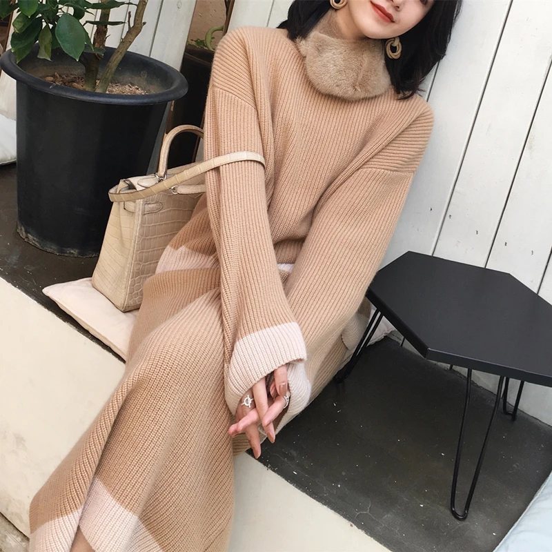 

Women's sweater set new style autumn and winter classic fashion temperament color matching sweater +long skirt sweater two-piece
