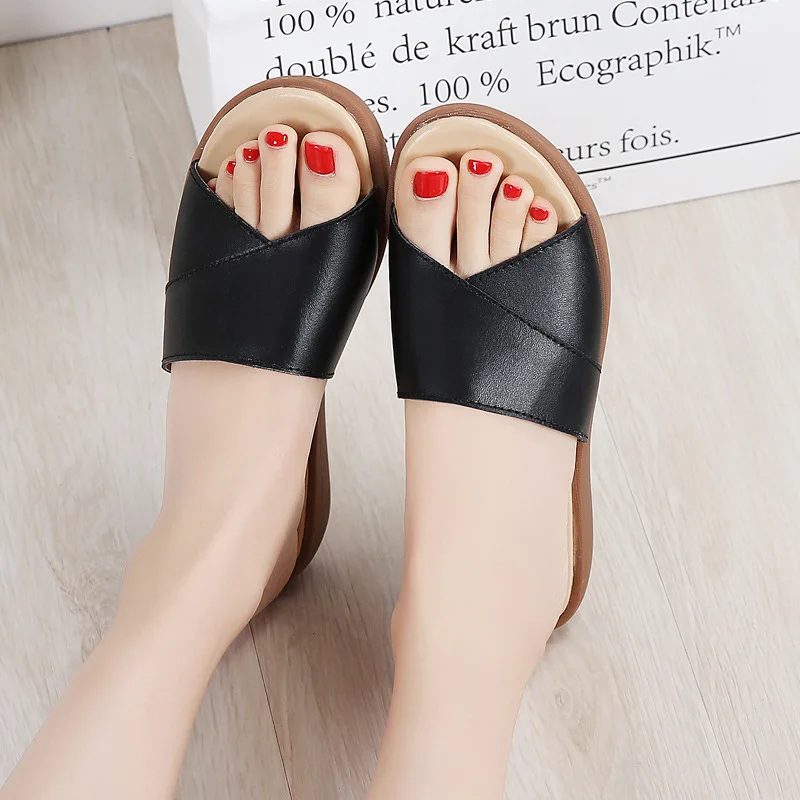 Summer Slippers Women Genuine Leather Cow Leather Shoes Woman Flats Slides High Quality Fashion Slippers Ladies Plus Size Shoes
