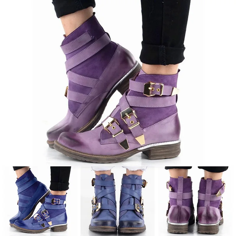 Oeak/Новинка года; Модные женские полусапожки фиолетового цвета из натуральной кожи; синие зимние ботинки с ремешками; ботинки уникального дизайна