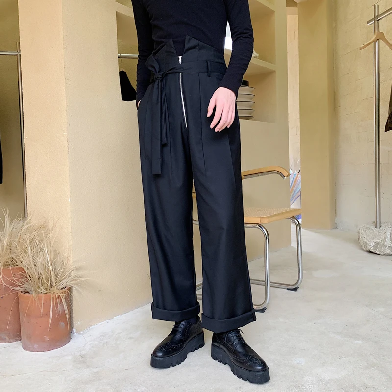 Осенние мужские модные широкие брюки с высокой талией винтажные повседневные брюки мужские черные широкие прямые брюки