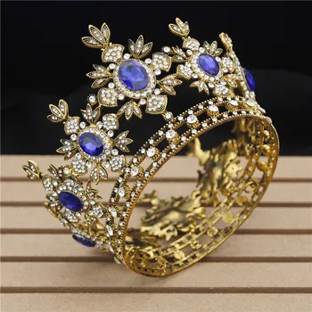 

Blue Crystal Wedding Crown Royal Queen Round Diadem Pageant Crown for Bride Tiaras and Crowns Hair Jewelry Accessories