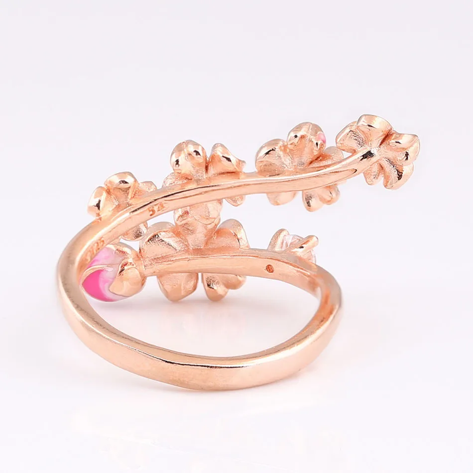 Silver Rose Ring S925 Authentic Enamel Peach Blossom With Crystal For Women Wedding Party Gift