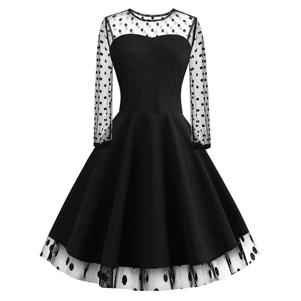 

Spring Autumn Lady Long Chiffon Dress 2019 New Fashion Women Mesh Long Sleeved Polka Dot Pleated Dresses Black Vintage DD3M