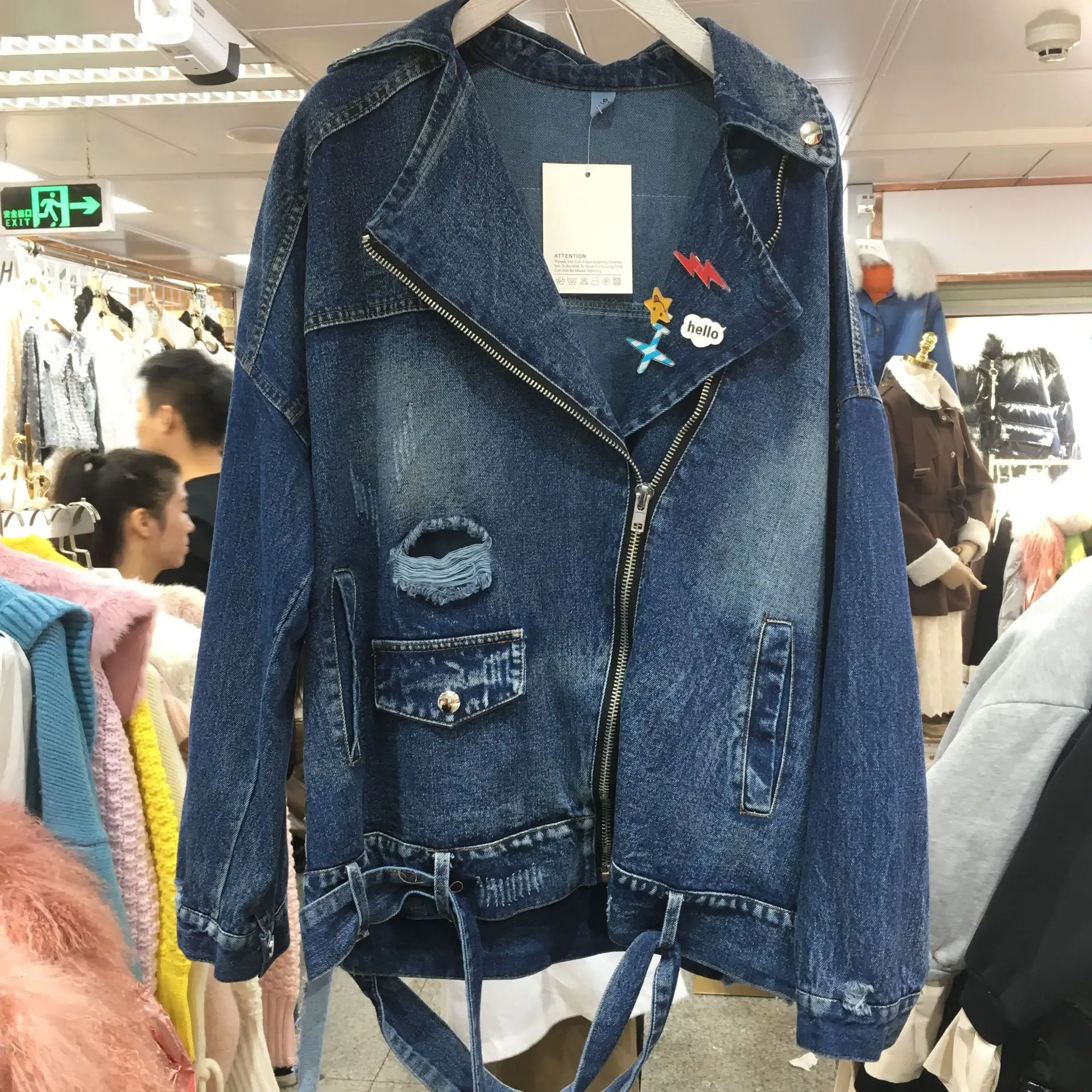 

2019 Autumn And Winter New Style Ozhouzhan Popular Brand Applique Denim Jacket Spring Mid-length Long Sleeve Loose-Fit Fur Trim