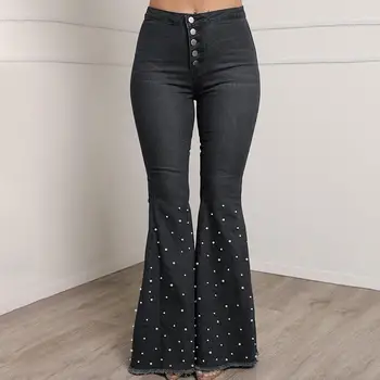 

Bead Casual Jeans Stretch Flared Pants Jeans Lady Wide Leg Long Pant