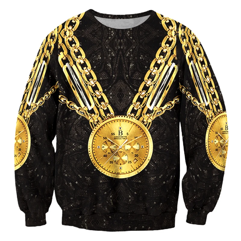 

New Gold Chain Gold Watch Sports Shirt Men's Summer/autumn Hip-hop Leisure 3D Printing Sportswear Oversized Pullover Wholesale