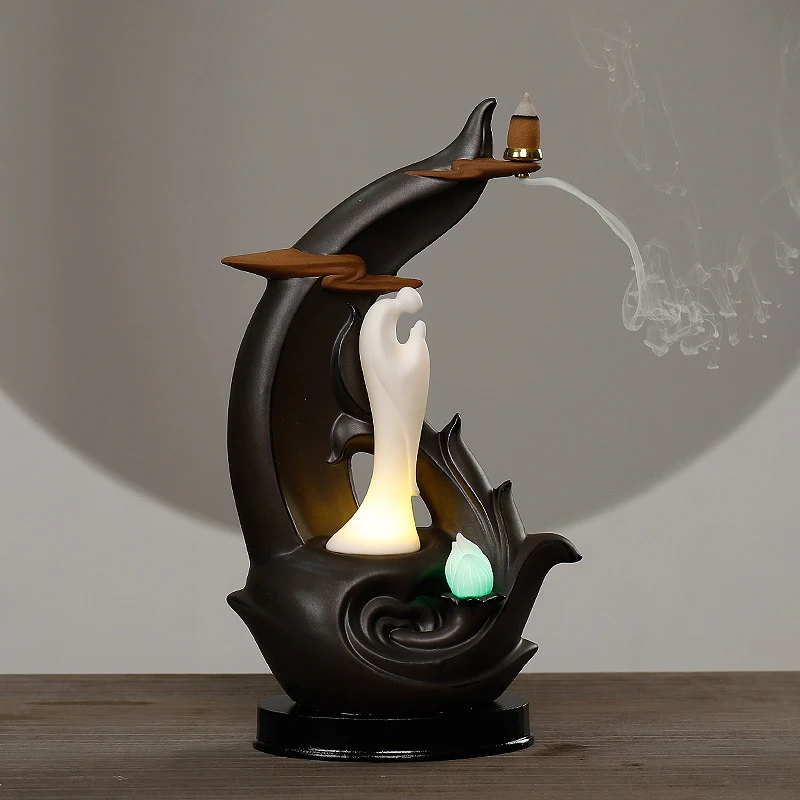 

Backflow Incense Burner Ceramic Creative LED Light Lotus Crafts Decoration Home Interior Viewing Ornaments Aromatic Furnace
