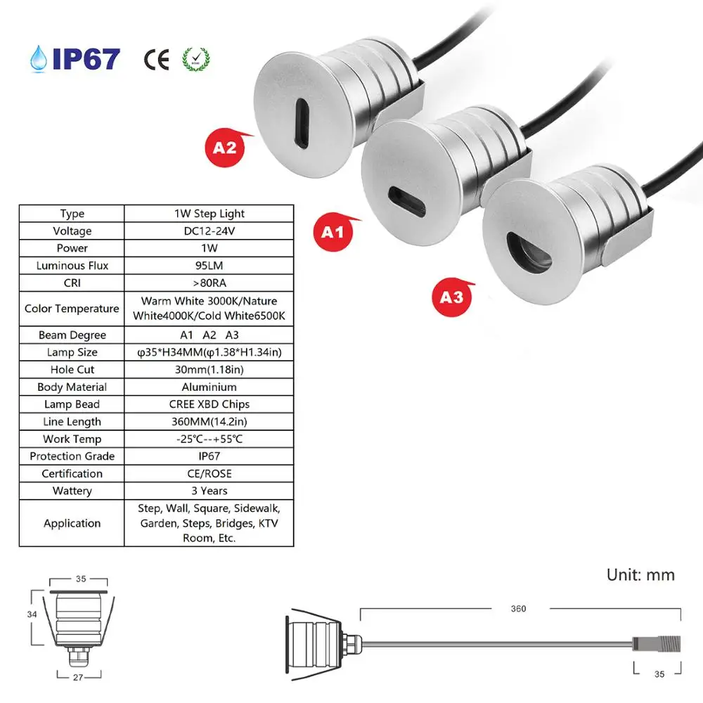 1W LED Step IP67 DC12V Outdoor Recessed Deck Light A1 A2 A3 Side View Waterproof Underground Lamp Sidewalk Wall Lighting 2