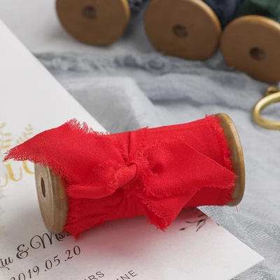 2 ''x 1,5 ярдов изношенный шифон край ленты с катушкой ручной работы лента с бахромой Свадебный Пригласительный букет подарочная упаковка плоские пластины - Цвет: Red