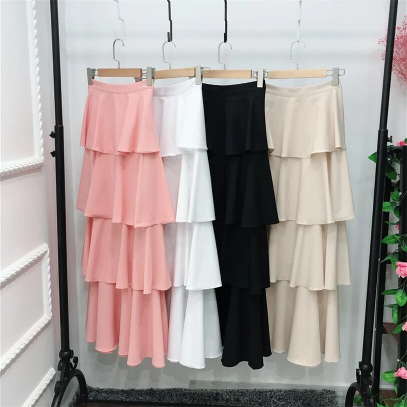 

2019 Fashion Tiered long skirt islam Womens modest clothing muslim layers ruffle maxi skirts in dubai pink black white beige