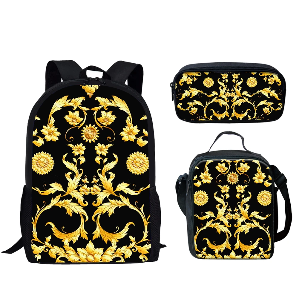 Mochila de con patrón de hojas doradas para mujer, mochilas escolares con estuche de lápices personalizado para adolescentes, niños y niñas, bolsa de almuerzo con estampado 3D|Mochilas| - AliExpress