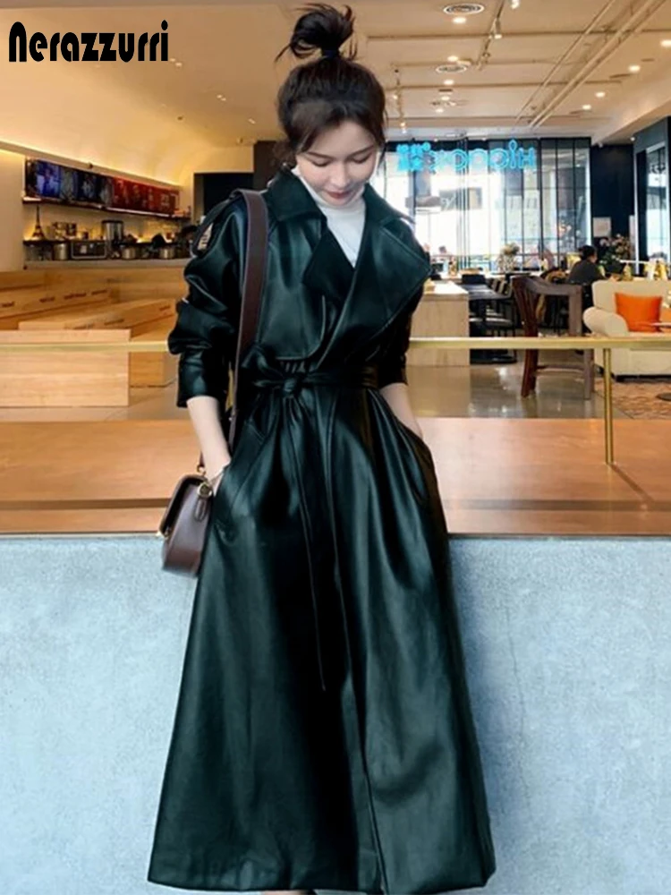Nerazzurri Spring Black Oversized Long Waterproof Leather Trench Coat for Women 2021 Long Sleeve Loose Korean Fashion Clothing 4