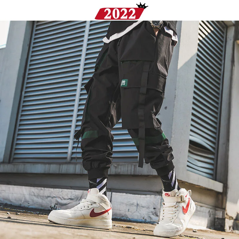 2022 Men Ribbons Streetwear Cargo Pants 2019 Autumn Hip Hop Joggers Pants Overalls Black Fashions Baggy Pockets Trousers 2022 Men Ribbons Streetwear Cargo Pants 2019 Autumn Hip Hop Joggers Pants Overalls Black Fashions Baggy Pockets Trousers