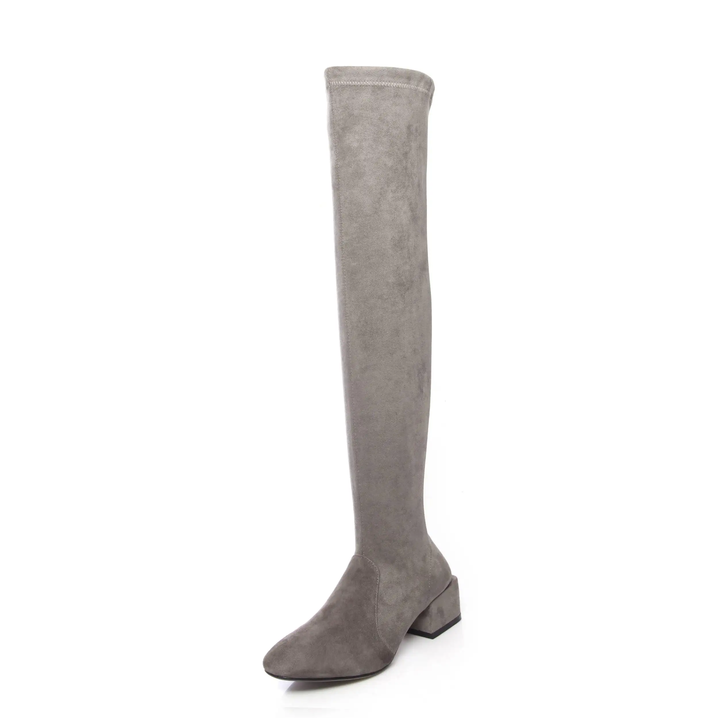 superstar high quality flock round toe high heel slip on over the knee boots solid warm thigh high boots party winter shoes L2f3 - Цвет: Серый