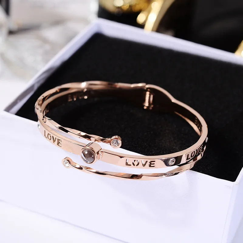 

YUN RUO 100 languages I love you Projection Bangle Rose Gold Color Titanium Steel Jewelry Woman Birthday Gift Not Change Color