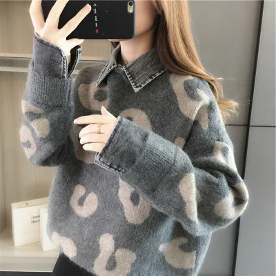 

2020 Women's Sweater New Winter Autumn Loose Pullover Leopard Printed Fake Two-Piece Knitted Top Fasion Hot Selling