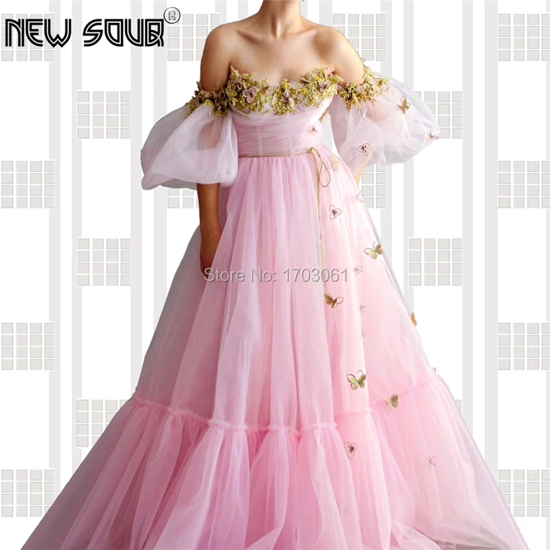 

Embroidery Pink Elegant Prom Dresses Off the Shoulder Muslim Dubai Evening Dress Beading Long Arabic Party Gown Robe De Soiree