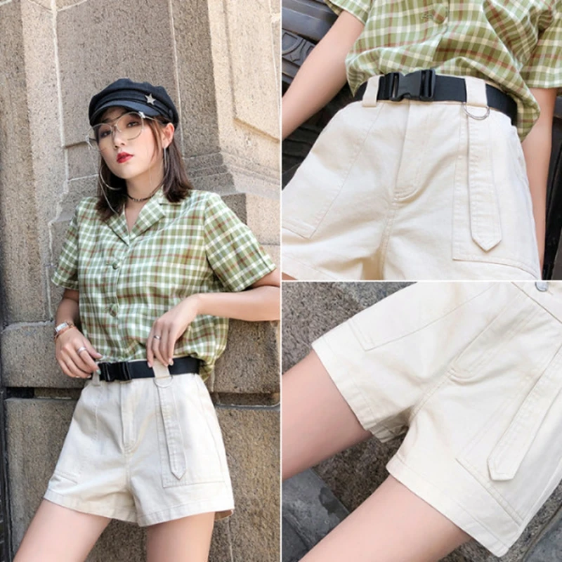 

2019 new belt belt tooling shorts Korean version of the high waist was thin wide leg shorts female casual wild female shorts