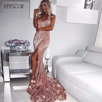 

PFFLOOK Official 2019 Autumn New Strapless Sequin Dress Women Mermaid Split Elegant Sexy Party Dress Bodycon Club Long Vestidos