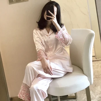

Luxury Smooth Silk Pajamas For Women Spring Summer Comfortable Pyjama Sets For Girl Leisure Lapel Night Sleepwear