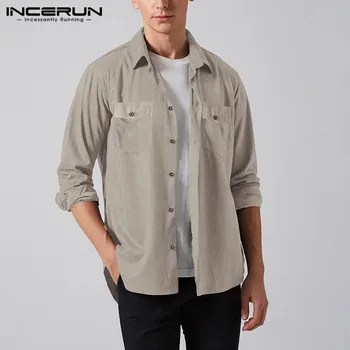 

INCERUN Fashion Men Casual Shirt Brand Cotton Pockets 2020 Solid Blouse Chic Korean Long Sleeve Leisure Shirts Hombre Streetwear