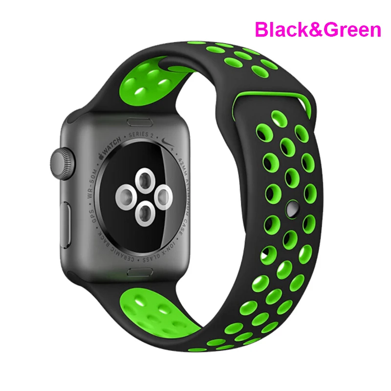 black and green Спортивные-Силиконовый браслет с ремешком для apple Watch 5 40 мм 44 Резиновая Спортивная петля для apple Watch, версии 1/2/3, 42 мм, 38 мм - Цвет ремешка: black and green