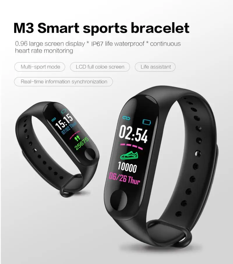 Умный Браслет M3 Plus, умный Bluetooth спортивный браслет, пульсометр, монитор артериального давления, фитнес-трекер, оборудование для фитнеса