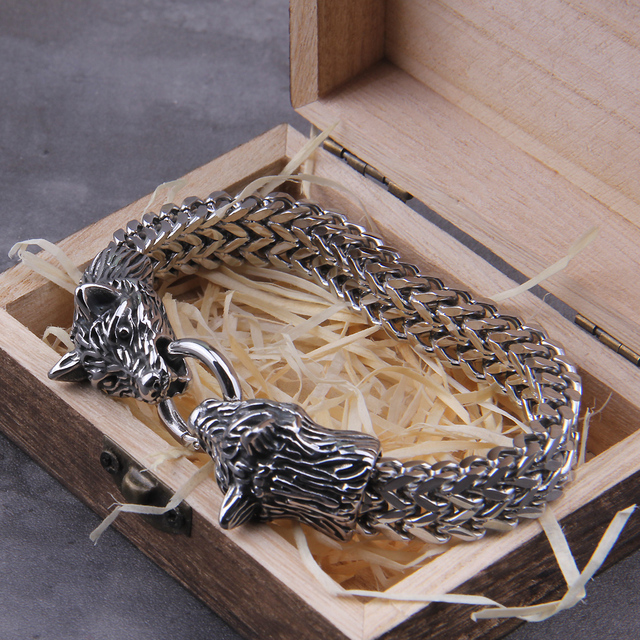 Fade Rock Viking Wolf Charm Bracelet Men's Stainless Steel Mesh Chain Gold Wolf Punk Bracelets Biker Jewelry without box