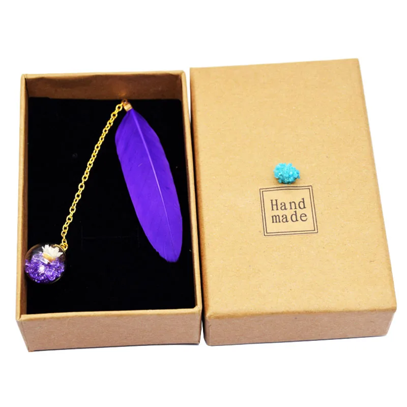 Boxed Colorful Feather Glass Ball Bookmark Retro Cute Book Markers Kawaii Stationery School Office Supplies Teacher Gift 1 Pcs